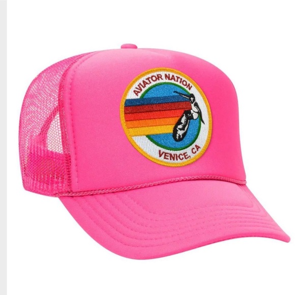🆕✨AVIATOR NATION NEON PINK WITH VENICE LOGO PATCH MESH TRUCKER HAT O/S NWT - Picture 4 of 6
